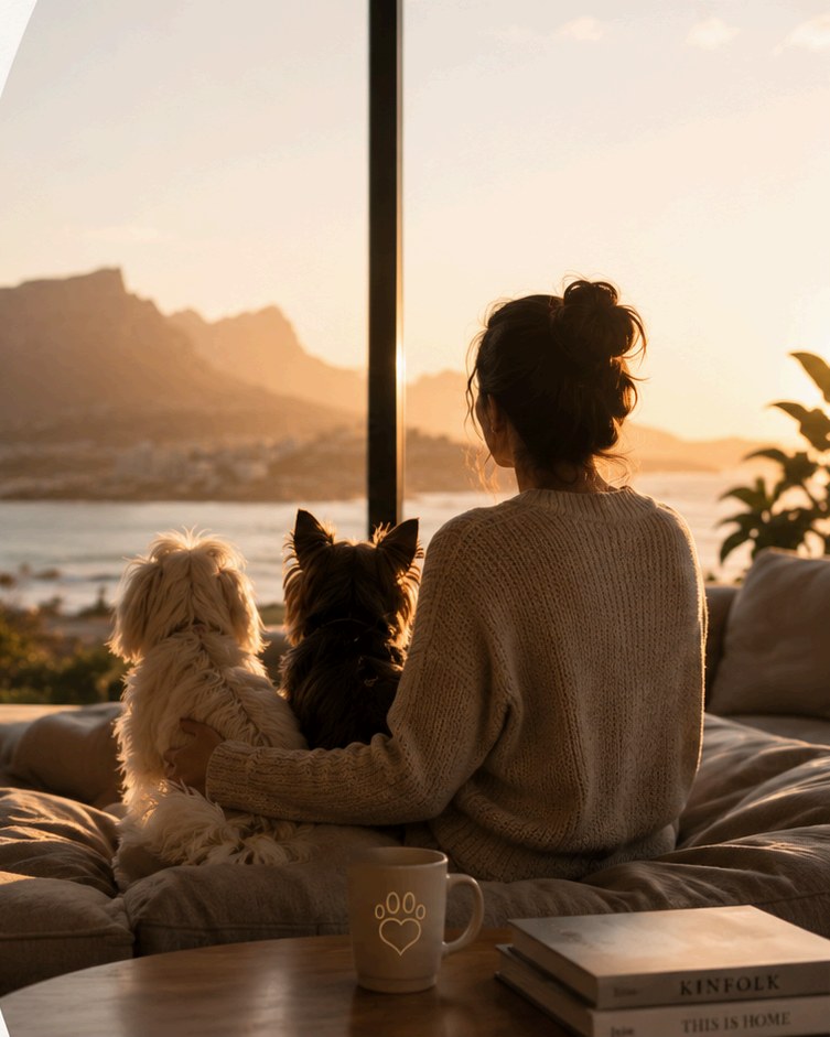 A pet parent at home with two dogs, watching the sunset over the ocean